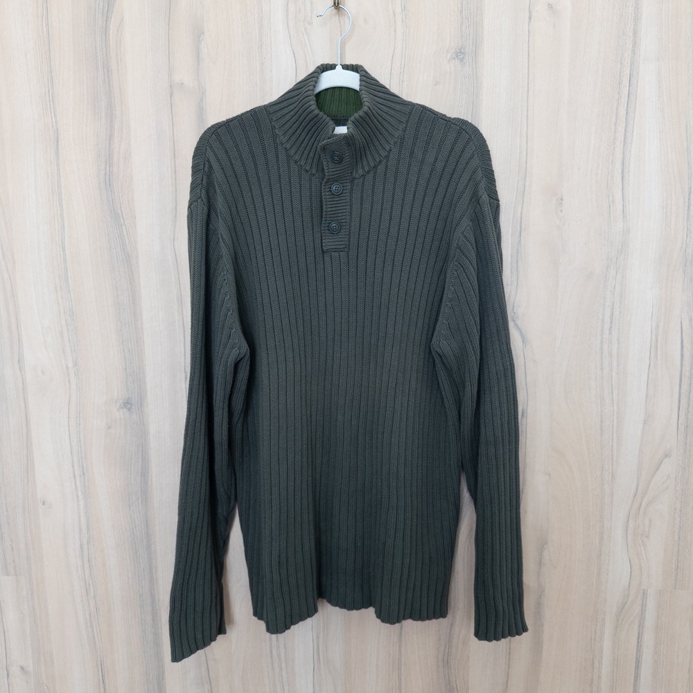 Vintage Old Navy Mens Henley Sweater XL Green Ribbed Button Pullover Heritage